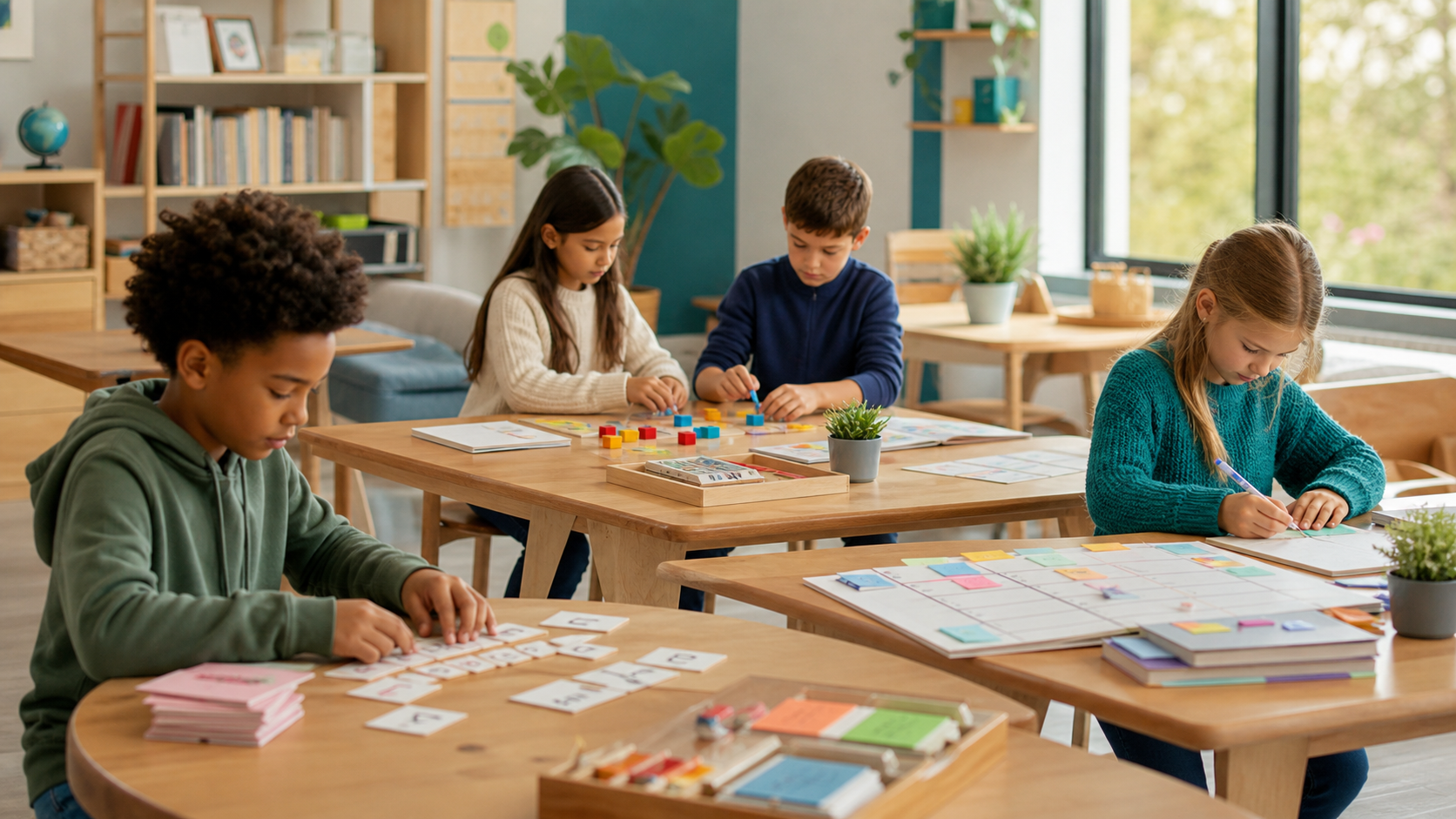 Children using a range of learning tools together in a calm, welcoming classroom