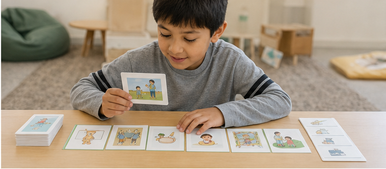 Child using picture cards for language learning