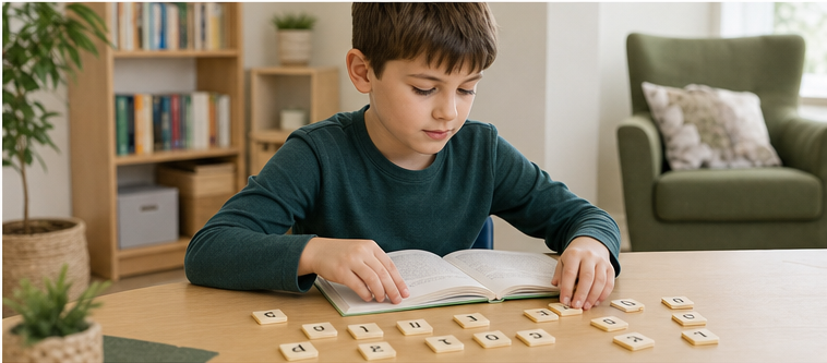 Child practising literacy with a book and letter tiles