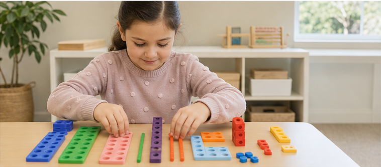 Child learning maths with colourful manipulatives