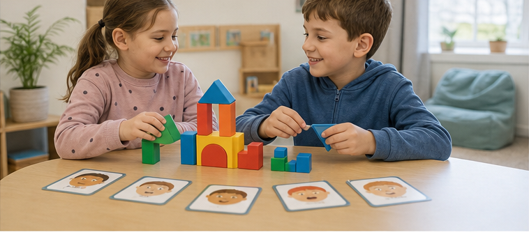 Children collaborating with blocks and emotion cards