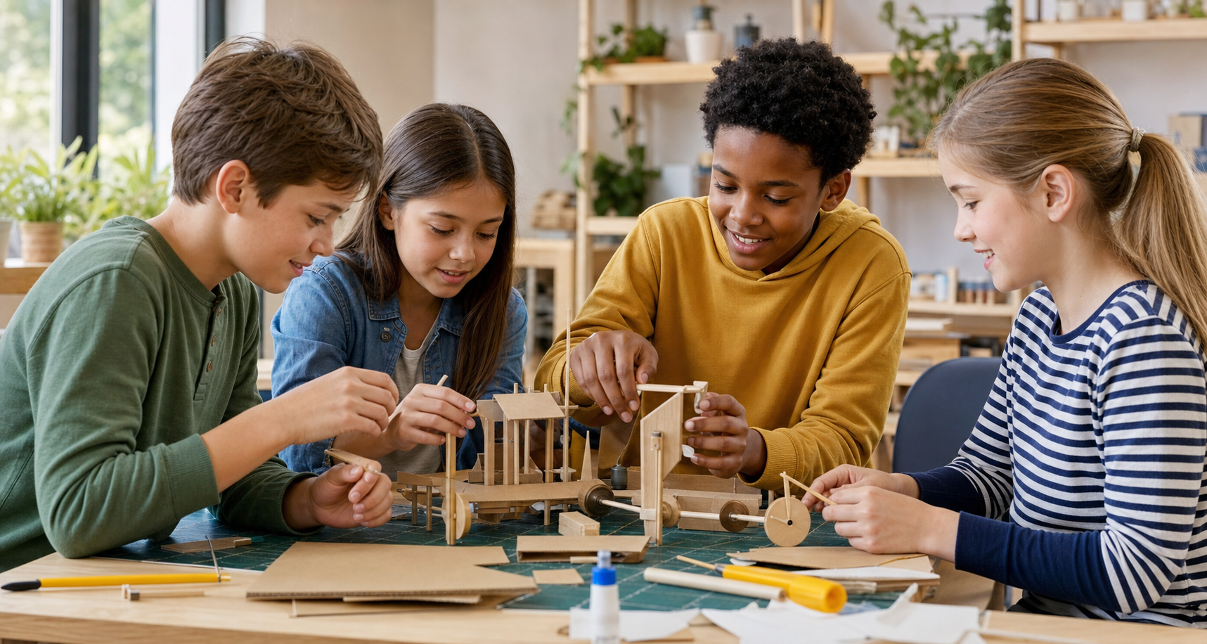 Children aged seven to fourteen collaborating on a creative construction project